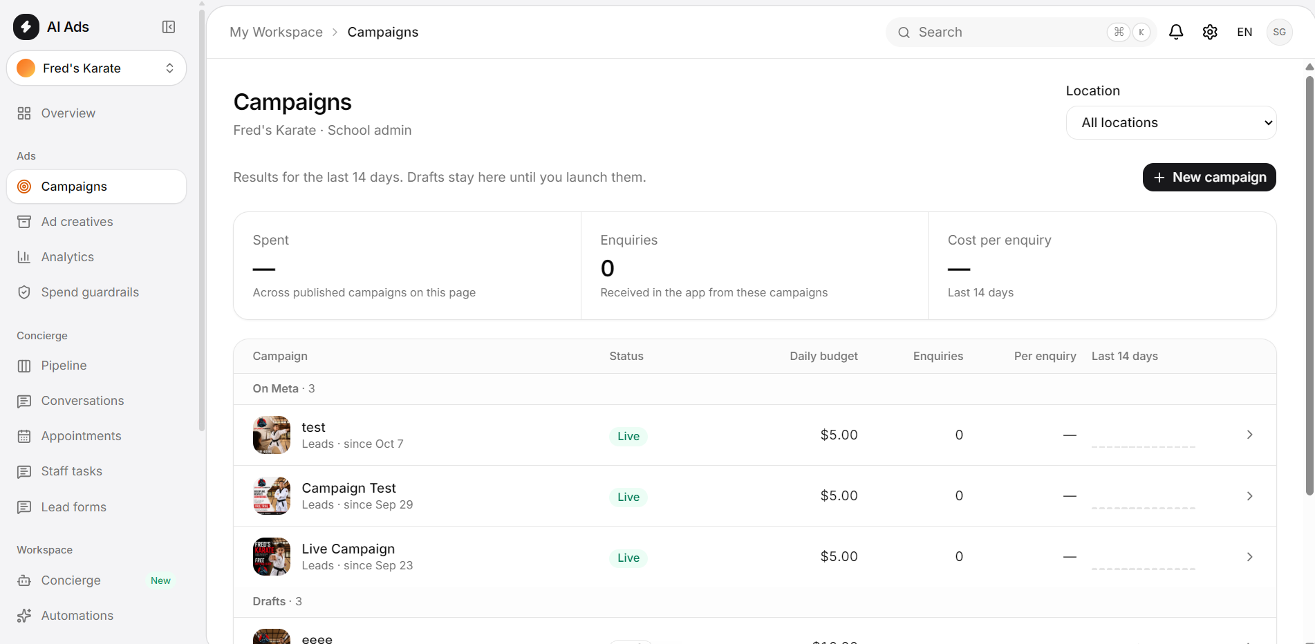 The campaigns list with live Meta campaigns