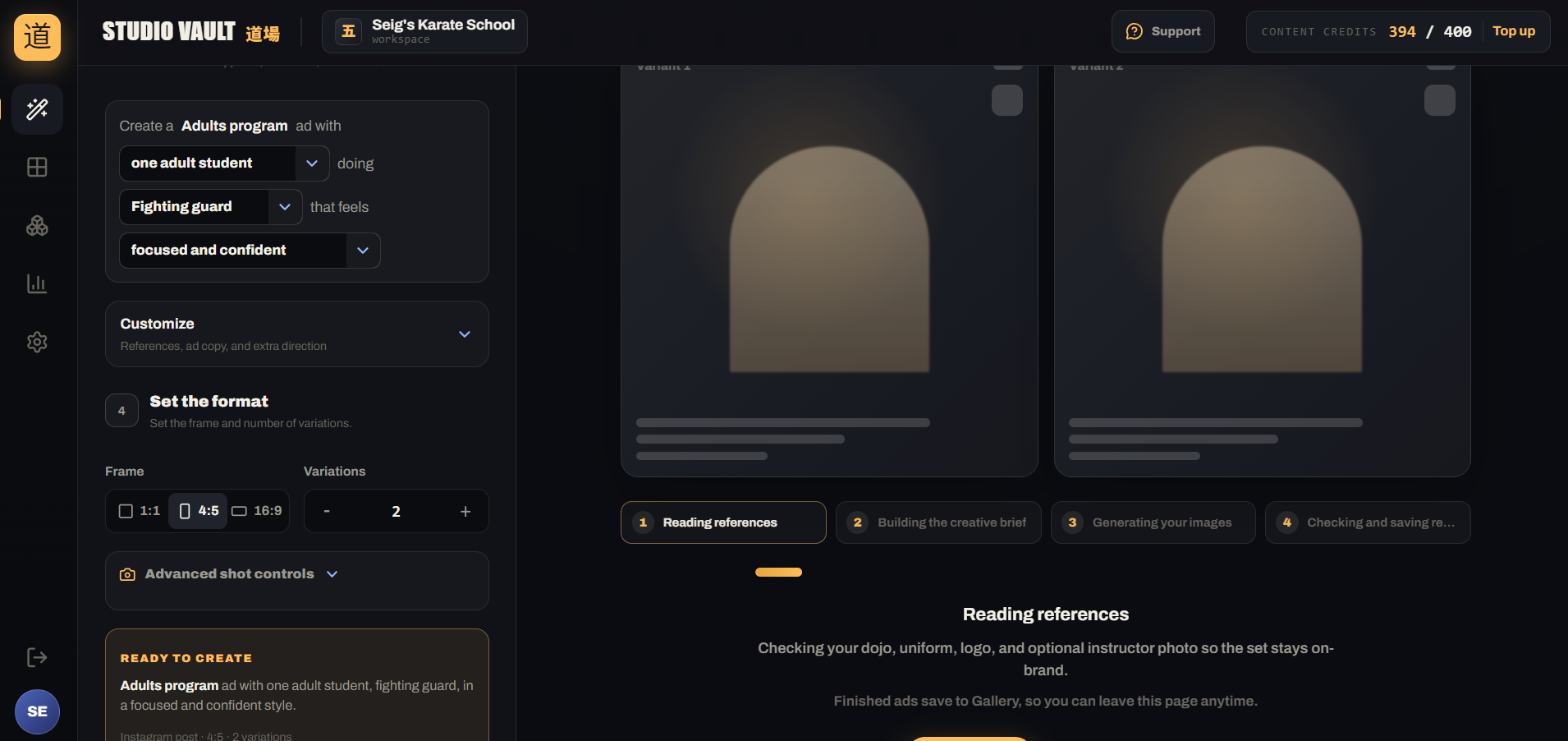 The guided ad creator generating variations